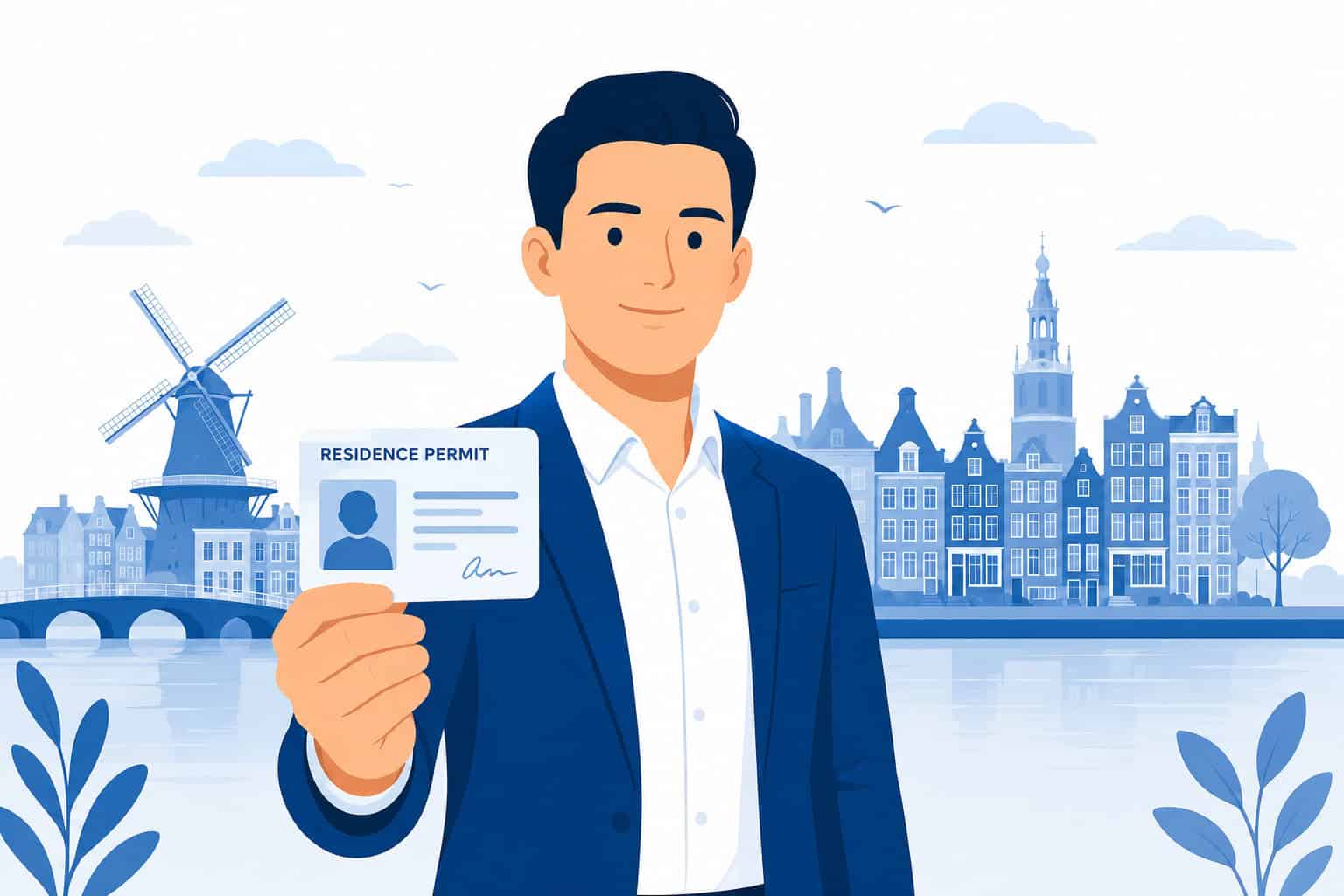 International professional holding a residence permit with a Dutch city skyline, representing the highly skilled migrant permit in the Netherlands.