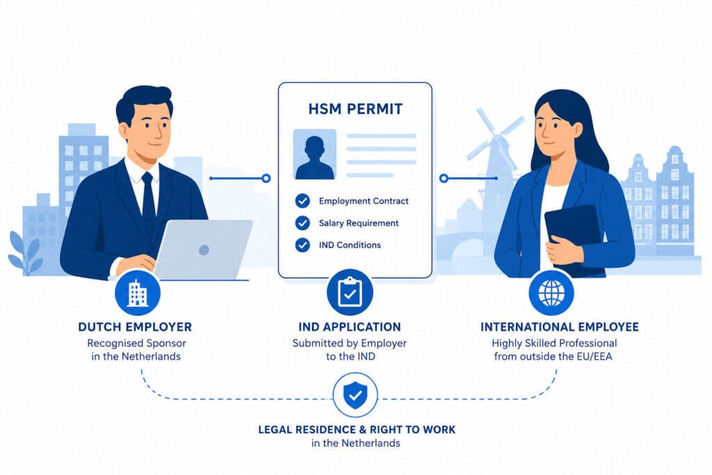 Dutch employer, international employee and IND-style application document connected in a visual process for a recognised sponsor HSM permit.