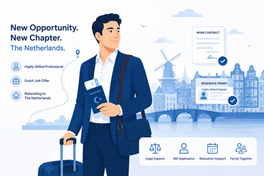 Turkish professional relocating to the Netherlands with passport and work contract for a highly skilled migrant job.