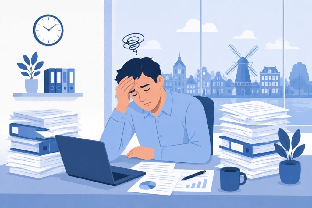 Employee experiencing burnout at work in the Netherlands due to high workload and stress.