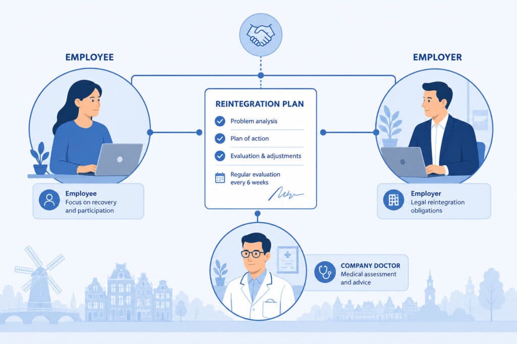 Dutch burnout sick leave process involving employee, employer, company doctor and reintegration plan.