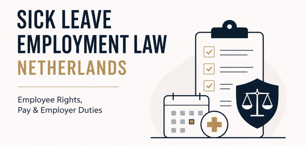 Minimal legal infographic about sick leave employment law in the Netherlands, showing employee rights, sick pay and employer obligations.