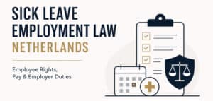 Minimal legal infographic about sick leave employment law in the Netherlands, showing employee rights, sick pay and employer obligations.