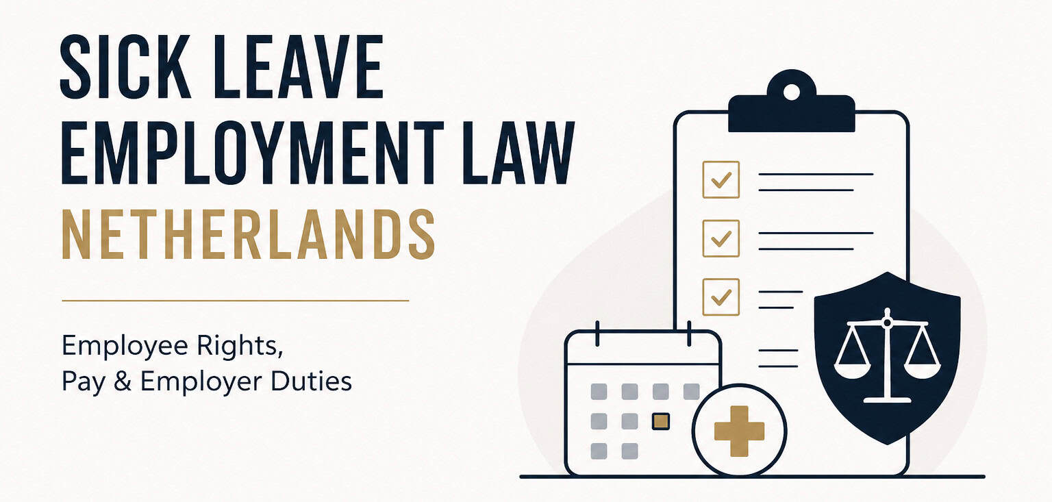 Minimal legal infographic about sick leave employment law in the Netherlands, showing employee rights, sick pay and employer obligations.