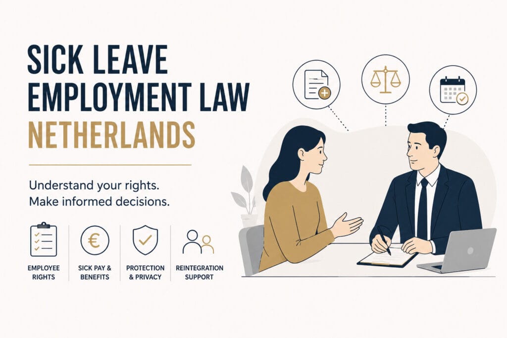 Illustration of an employee receiving legal consultation about sick leave, pay, privacy and reintegration rights in the Netherlands.