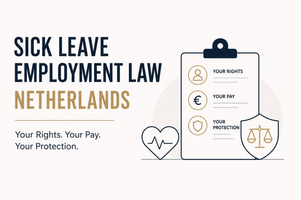 Minimal infographic explaining sick leave rights, sick pay and legal protection for employees in the Netherlands.
