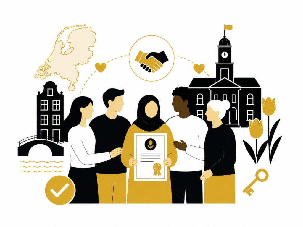 Diverse community celebrating Dutch naturalisation, with one person holding a citizenship certificate in front of Dutch buildings and cultural symbols.