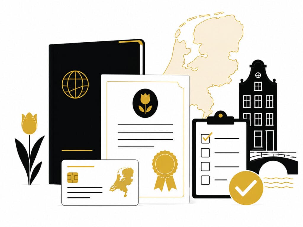 Dutch naturalisation documents, residence card and application checklist displayed with a map of the Netherlands, canal house and tulip symbols.
