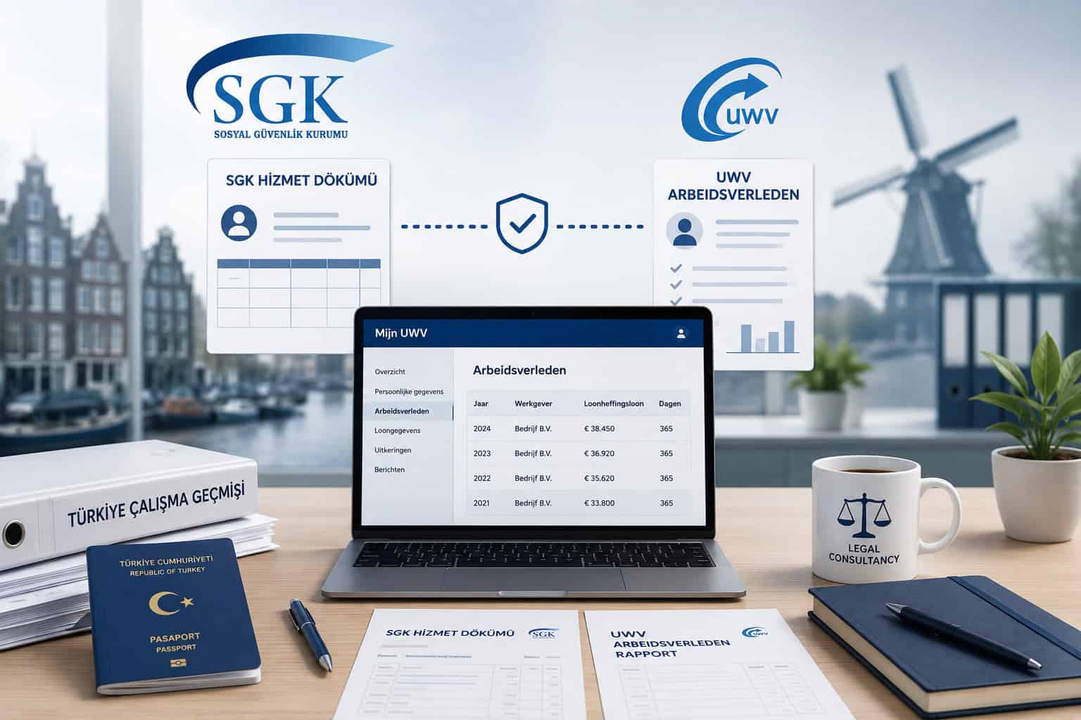 Türkiye çalışma geçmişi ve SGK hizmet dökümünün Hollanda UWV arbeidsverleden kayıtlarıyla karşılaştırılmasını gösteren profesyonel masaüstü görseli.