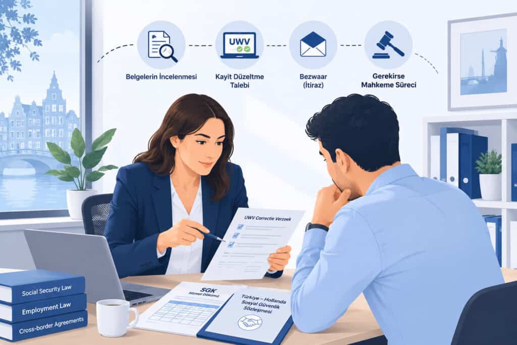 Minimalist illustration of a legal consultant helping a Turkish worker with UWV correction request, objection letter and social security treaty documents, calm office background, blue and white palette.
