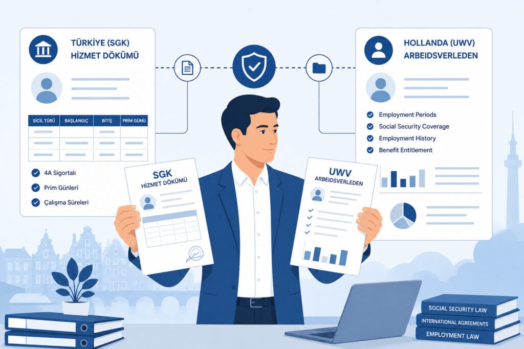 Flat legal-style illustration of a Turkish professional holding SGK service documents and a Dutch employment history report, connected by simple lines, modern blue corporate legal design, no flags dominating.
