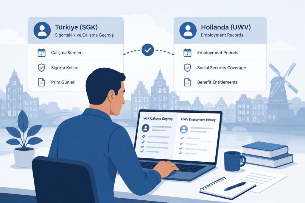 Minimalist vector illustration of a Turkish employee reviewing SGK work history and Dutch UWV employment records on a laptop, subtle Netherlands city skyline, clean blue and white legal consultancy style, no official logos.