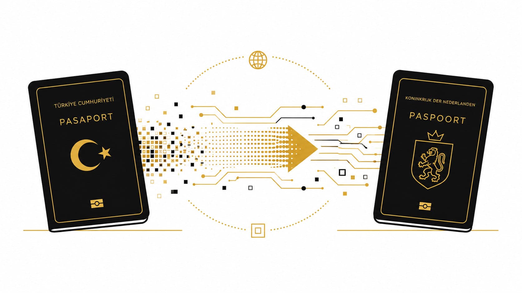 Turkish and Dutch passports connected by a gold digital data stream, symbolising the transition from Turkish to Dutch citizenship.