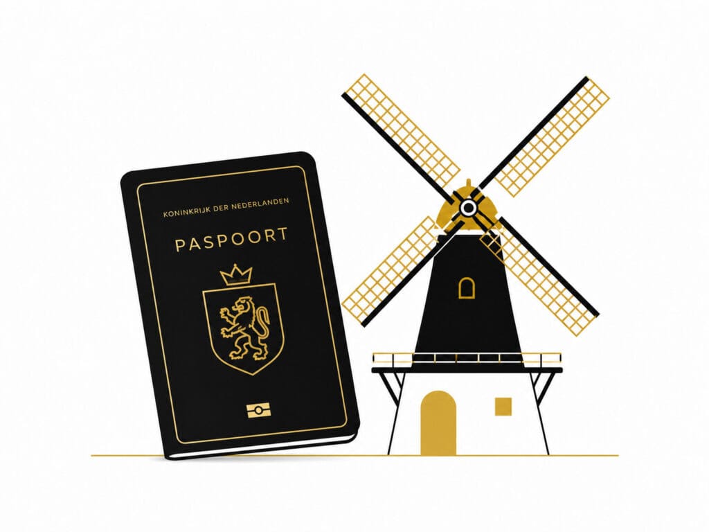 Black Dutch passport beside a traditional Dutch windmill, illustrated in a minimalist black, white and gold style.