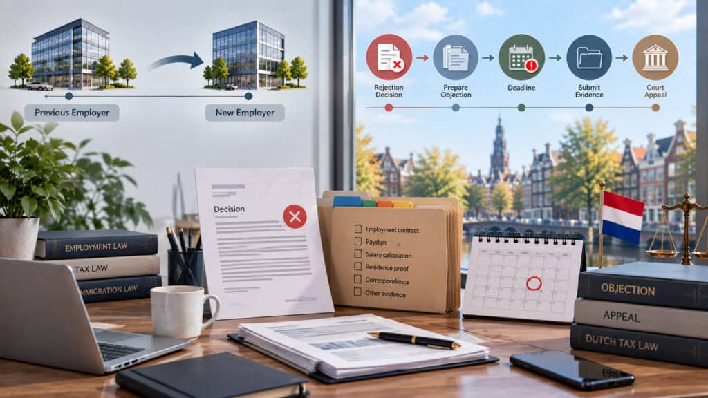 International employee reviewing a 30% ruling objection and employer-change requirements in the Netherlands.