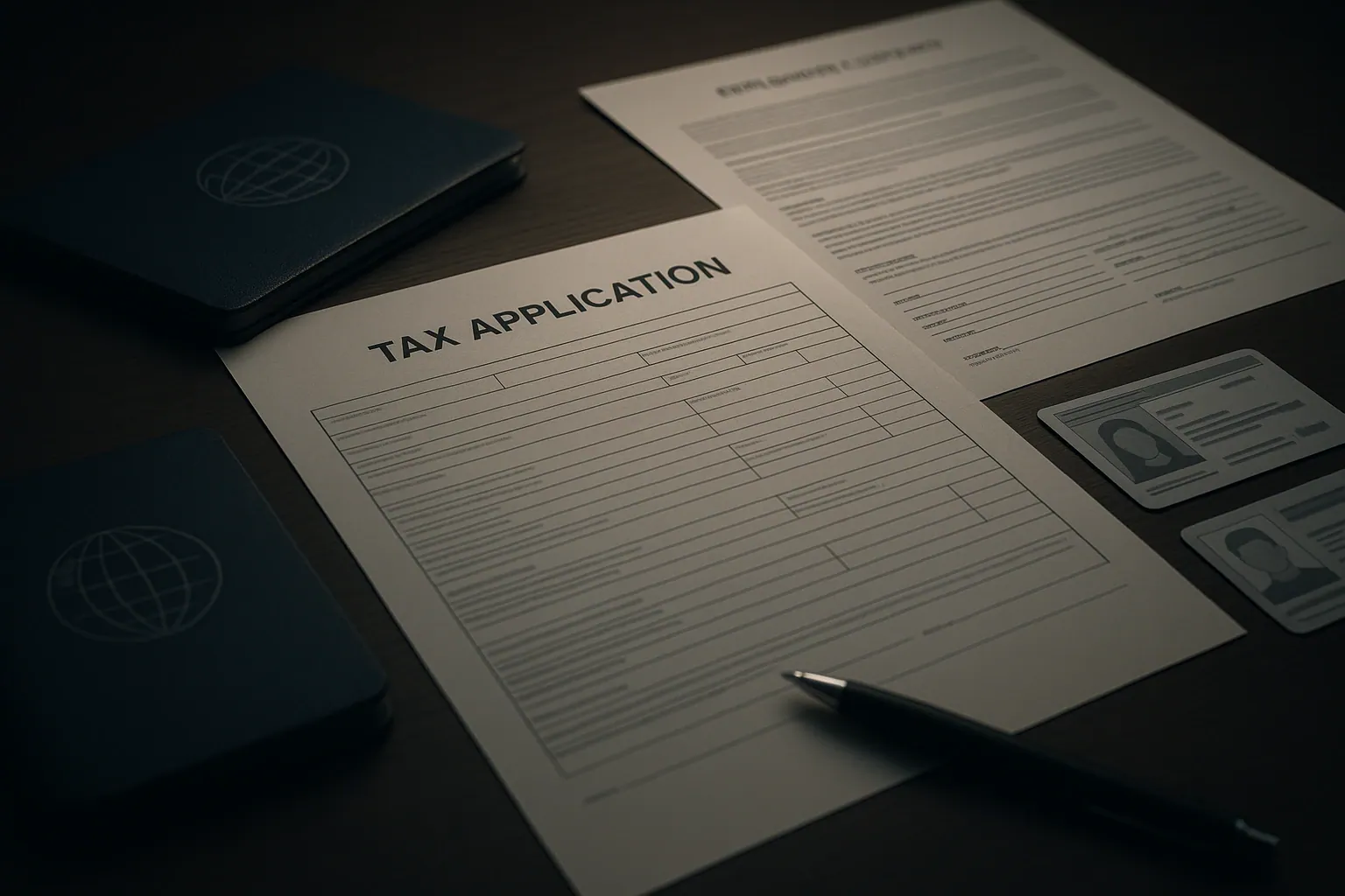 Tax application form, employee contract, two ID cards, and two passports on a wooden table with a pen.